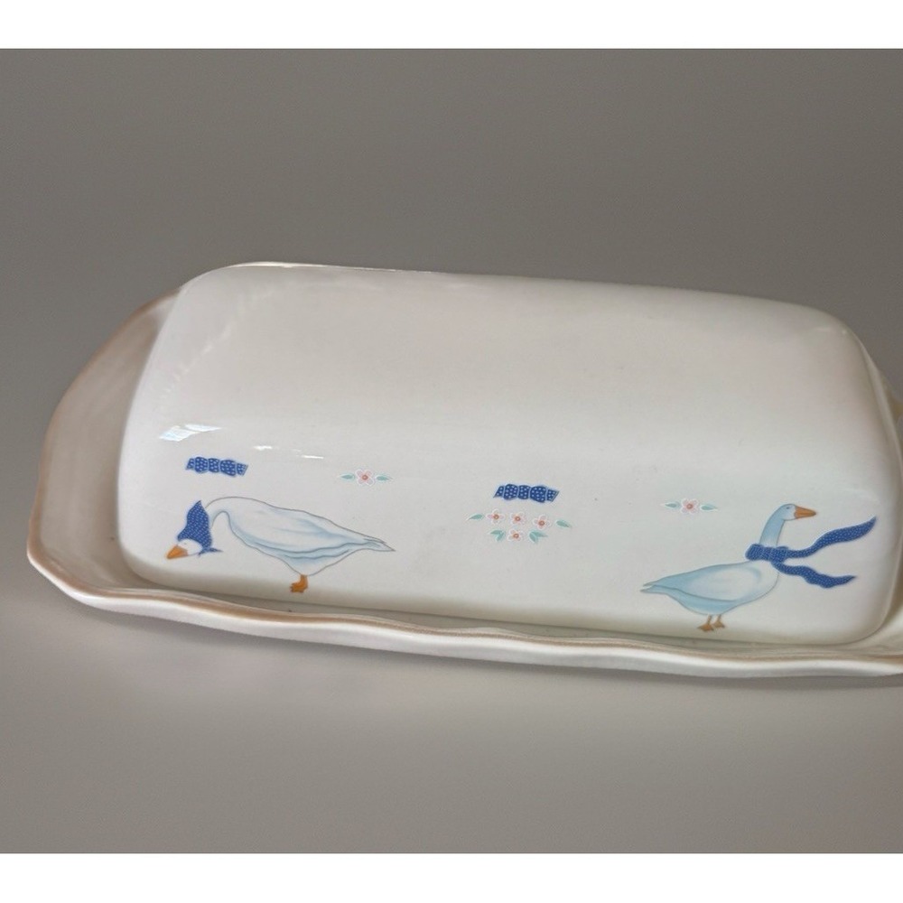 Vintage Blue Ribbon Goose Butter Dish Ceramic Covered Dish Cottage 90's Kitchen